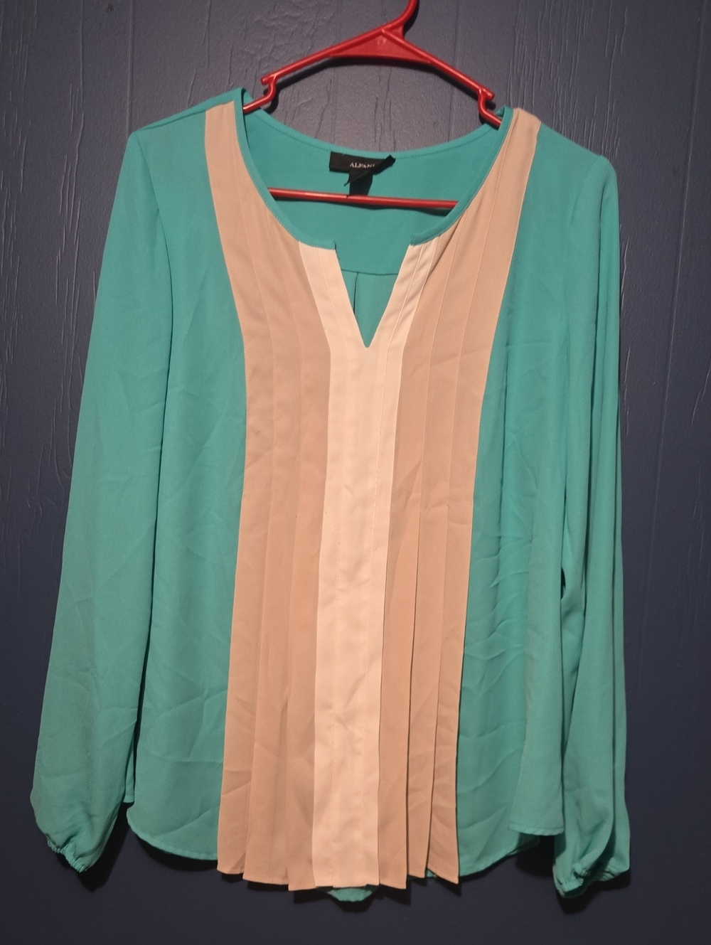 Alfani Teal Blouse with Cream Pleated Front Panel
